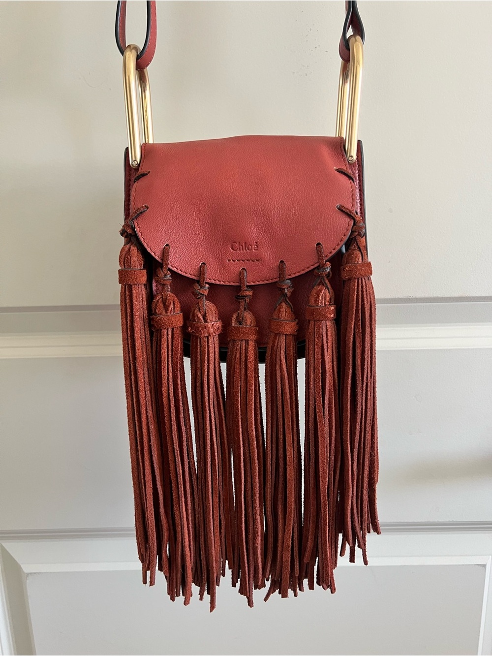✨🤎 Chloé Hudson Mini Fringe Tassel Crossbody Bag Burgundy Leather & Suede Boho - Picture 2 of 11